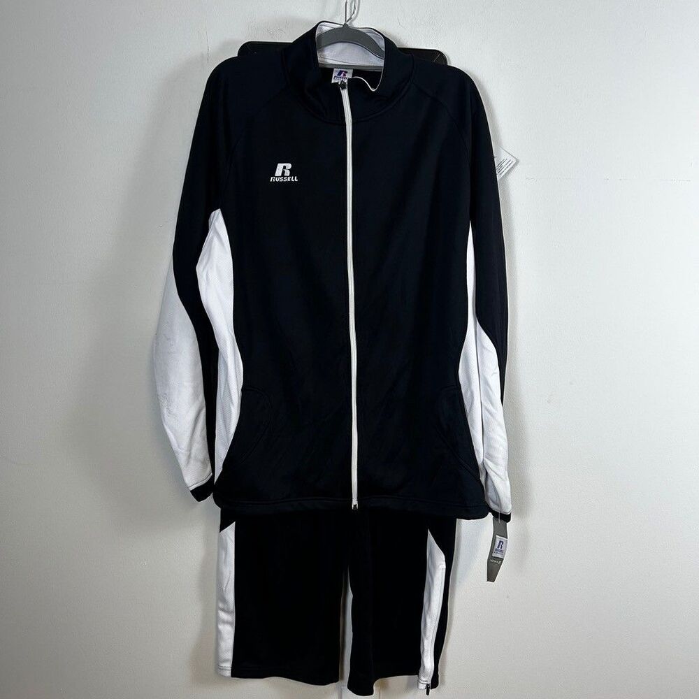 Russell Athletic Mens Tracksuit Set XL Black White Full Zip Jacket & Pants NWT